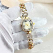 1pc Women's Square Shaped Gold Case Rhinestone Decor Watch With Diamond Studded Dial, Hip Hop Style Quartz Wristwatch With Adjustable Strap As A Gift For Students Returning To School - 金色 - 查看 3