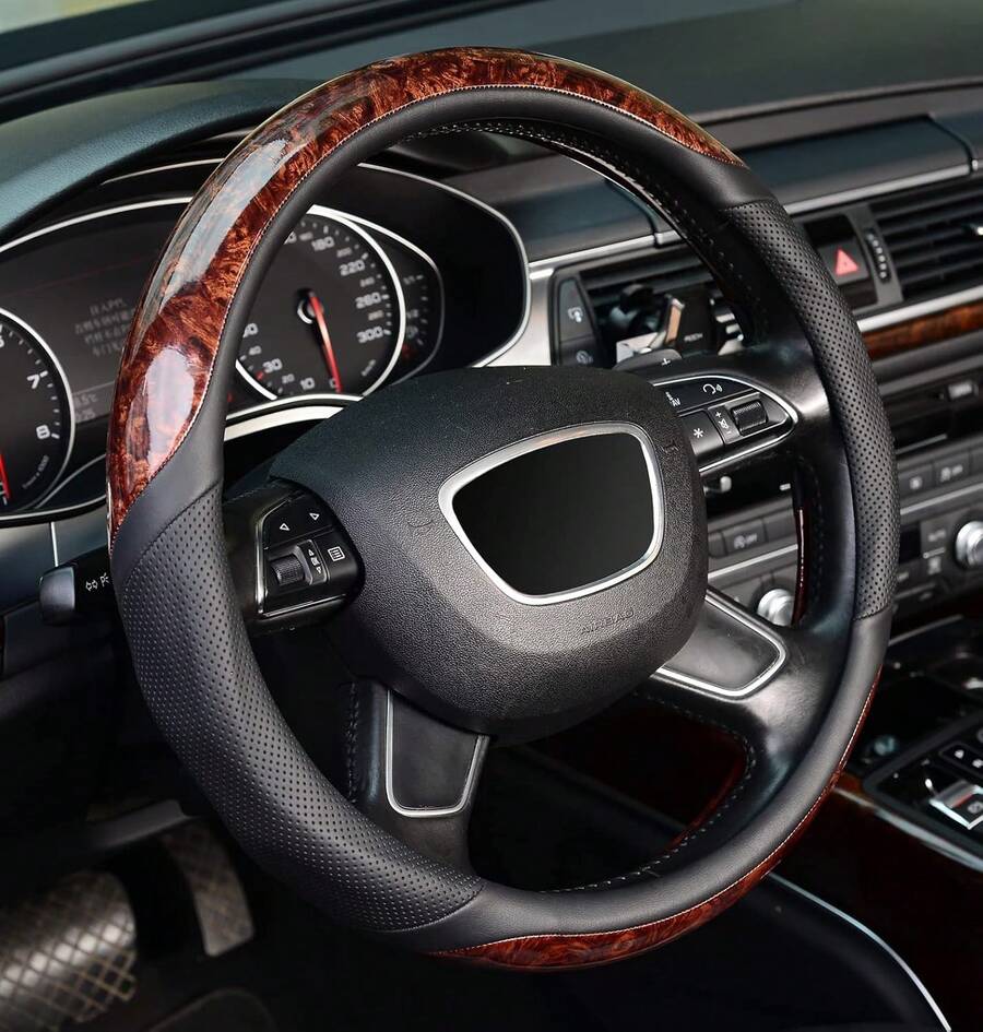 Wood Grain Steering Wheel Cover Universal 15inch Microfiber Leather Non-Slip Steering Wheel Protector Odorless - 標準尺寸[14 1/2''-15''] - 查看 1