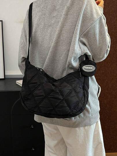 时尚男士单肩斜挎包，配有小硬币、水钻网格装饰、尼龙材料、可调节肩带、轻便多功能、单肩包腰包腰带包骑行包挎包皮包流浪汉腰包手提包旅行必需品露营单肩包夏季返校夏季包春假包斜挎包学校用品