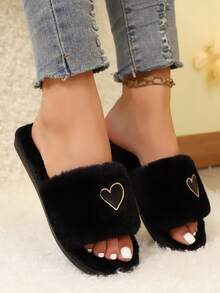 1 Pair Women's New Furry Heart-Shaped Flat Slippers, Women's Casual Home Slippers