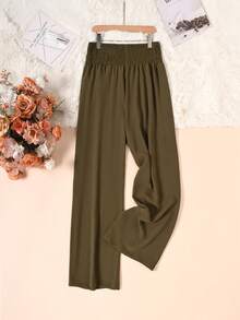Women's Solid Color Elegant Versatile Pleated Wide Leg High-Waist Pants - Army Green - View 10
