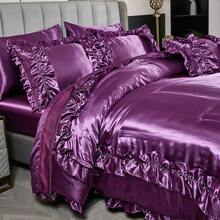 8 Pieces Satin Comforter  Set Queen/King Size Bed In A Bag Silky Bedding Set For Bedroom Decor Girls Pink Ruffled Comforter Set With Sheet Set Soft And Luxury Bedding Comforter Set Thread Count 1000 Silk Like Satin Bedding Set For All Seasons - Purple - View 2
