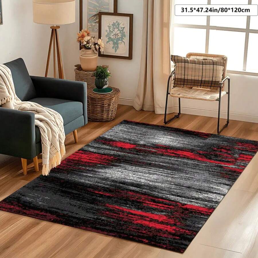 Modern Velvet Area Rug With Abstract Gray, Red And Black Textured Design - Soft Polyester, Machine Made, Dry Clean Only - Perfect For Living Room, Bedroom, Study, Sofa, Etc. - Available In Various Sizes (≥1.8msku), Bedroom Rug | European Style Floor Mat | Soft Velvet Mat, Carpet For Living Room Entryway Decor - Multicolor - View 1