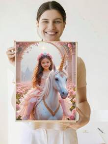 1 tablou personalizat cu prințesă, portret personalizat de fată călare cu unicorn. Potrivit pentru copii, bebeluși, familie, cei mai buni prieteni. Ca tablou roz, portret de prințesă personalizat pe baza fotografiei. Perfect pentru dormitor, sufragerie, creșă, decor cameră copii, sufragerie, birou de acasă. Oferă-i/ei un cadou unic. Cadou pentru fete, cadou personalizat pe baza fotografiei.