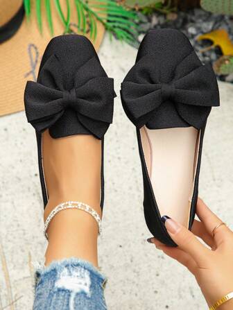 Plus Size 36-43 New Fashion Versatile Black Bowknot Pointed Toe Flat Loafers, Comfortable Lightweight Slip-On Casual Work Shoes For Women