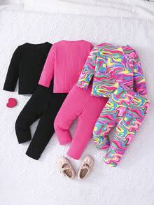 3件套女婴心形印花圆领罗纹长袖上衣搭配简约针织日常裤