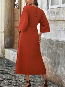 Đầm midi nữ màu trơn thắt eo tay lửng thanh lịch mùa xuân - Gỗ đỏ - Xem 3