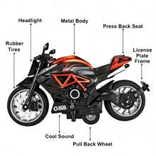 1:12 Scale Friction Powered Motorcycle Toy With Sound And Light Effects, Alloy Die-Cast Motorcycle Toy, Gift For Birthday, Christmas, Halloween - Multicolor - View 9
