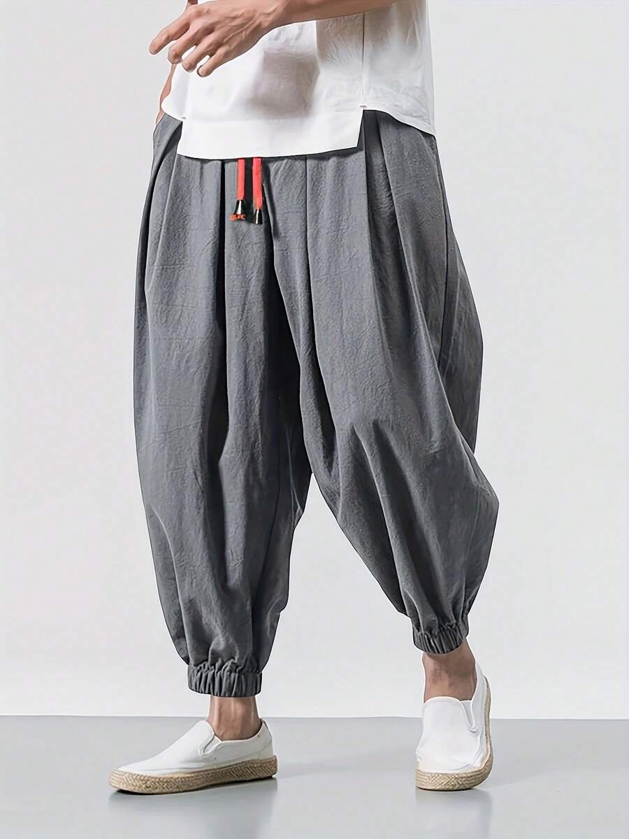 男士宽松亚麻灯笼裤，休闲宽松亚麻哈伦裤，阔腿七分裤，轻盈透气，适合春秋季穿着 - 深灰色 - 查看 1