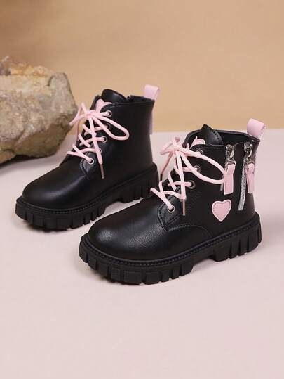 1 Pair Black Matte Finish Children's Military Boots, Soft Material, Side Zipper, Lace-Up Front, Round Toe, Thick Sole, Wear-Resistant, British Style Classic Short Boots, Suitable For Female Students Casual, Holiday, Party Wear, Autumn/Winter New