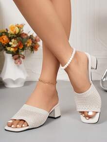 新款清新绿色针织露趾方头粗跟凉鞋，透气时尚，休闲百搭，女士春夏穿搭首选。 - 米色 - 查看 6