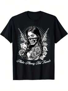 Chicano Gangsta Style T-Shirt - Mexican- Streetwear With Skull & Bandana Print, Short Sleeve Round Neck Casual Summer Tee, 95% /5% Spandex For Urban Outfits & Hispanic Culture Apparel - 黑色 - 查看 2