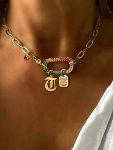 1 pieza Collar con letras A-Z 26 de STYLEVER en color dorado, cadena con colgante ovalado de diamante de colores y cuentas doradas, cadena de acero inoxidable, estilo único y elegante - Dorado - Ver 20