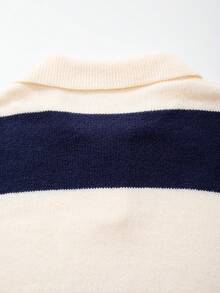 休闲条纹撞色 Polo 领轻薄修身套头针织衫，男女皆宜，秋冬款