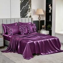 8 Pieces Satin Comforter  Set Queen/King Size Bed In A Bag Silky Bedding Set For Bedroom Decor Girls Pink Ruffled Comforter Set With Sheet Set Soft And Luxury Bedding Comforter Set Thread Count 1000 Silk Like Satin Bedding Set For All Seasons - Purple - View 5