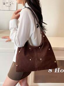 新款时尚手提包，性感铆钉托特包，女士通勤个性化丝绒斜挎包 - 咖啡棕 - 查看 5