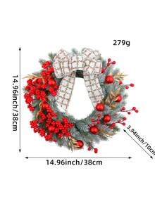 1pc 14.96inch Christmas Red Berry Wreath Decor, Creative Christmas Berry & Bow Vine Wreath For Holiday Home Decor, Suitable For Staircase, Outdoor, Living Room Wall Christmas Decorations Room Decor Winter