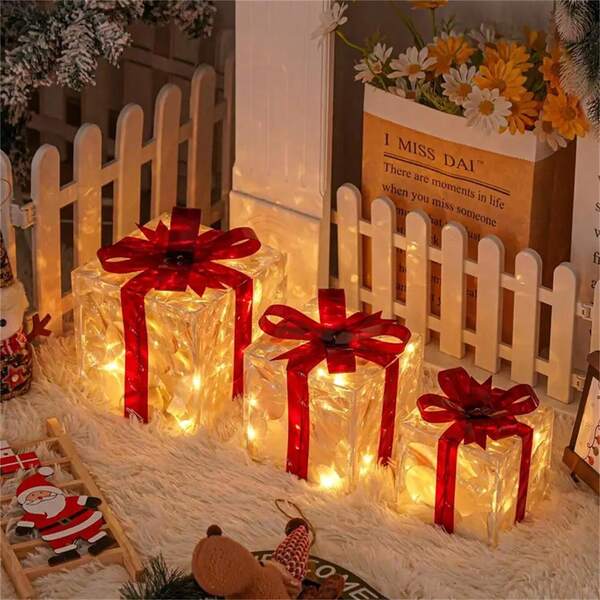 Set Of 3 Christmas Lighted Gift Boxes, Transparent Warm White Lighted Christmas Box Decorations, Presents Boxes With Red Bows For Christmas Tree, Yard, Home, Christmas Outdoor Decorations