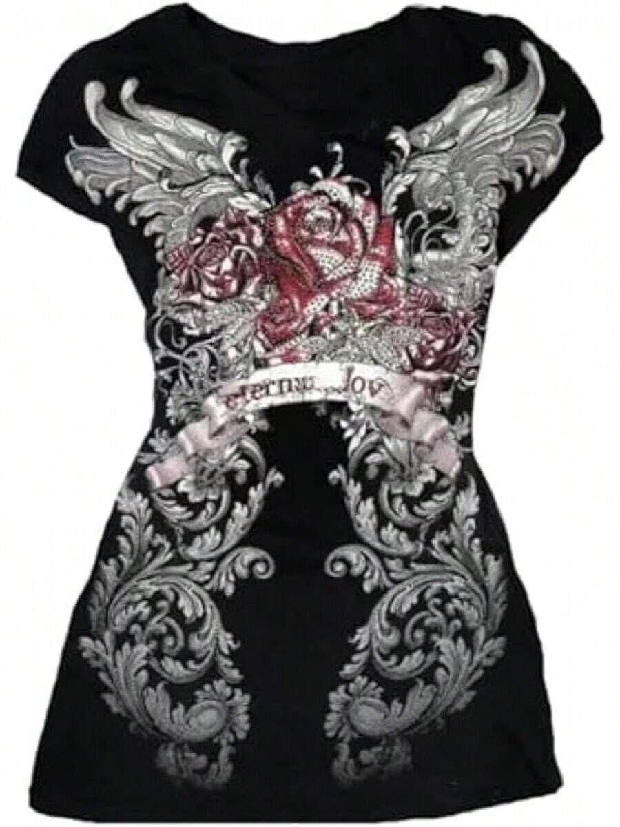 Grunge Shirts Emo Clothes Teen Girls Vintage Graphic Tee Y2k 2000s Goth Top Women Mcbling Short Sleeve StreetwearHalloween Christmas New Year 2026 - Đen Đỏ - Xem 1