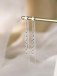 1 对 S925 纯银星星和蝴蝶流苏耳环，适合女士，长垂坠穿线耳环，适合日常佩戴、返校、旅行、周年纪念、情人节、感恩节、圣诞节