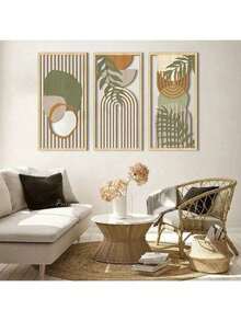 3件套鼠尾草绿抽象木质墙饰，几何木质墙画/16 x 8 英寸/现代中性墙面装饰，适用于客厅、卧室、办公室 - 彩色 - 查看 1