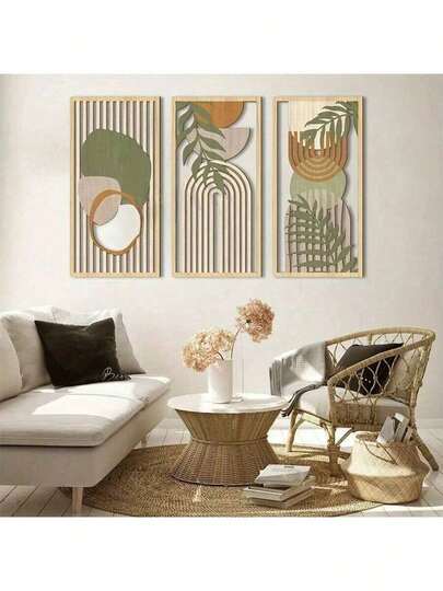 3 Pieces Of Sage Green Abstract Wood Wall Art, Geometric Wood Wall Sculpture, Modern Art Neutral Wall Decoration Suitable For Living Room, Bedroom, Office
