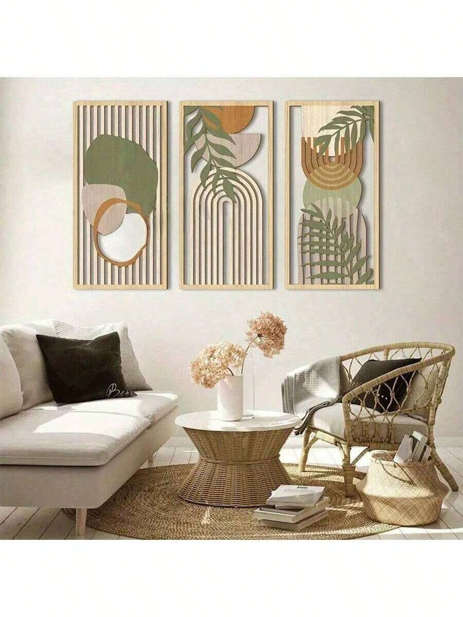 3件套鼠尾草绿抽象木质墙饰，几何木质墙画/16 x 8 英寸/现代中性墙面装饰，适用于客厅、卧室、办公室 - 彩色 - 查看 1