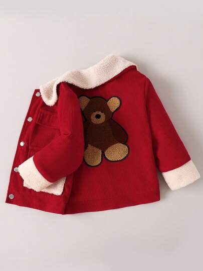 Boys' Fashion Cute Bear Embroidery Jacket, Young Boy Autumn/Winter New Corduroy Patchwork Fleece Composite Bomber Jacket, Stylish And Versatile For Spring, Autumn And Winter