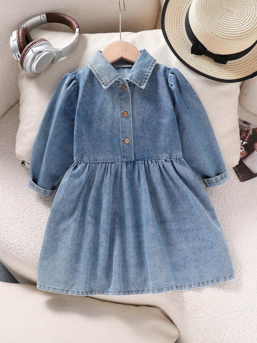 1pc Girls Casual Comfortable Style Light Blue Long Sleeve Dress, Spring/Autumn