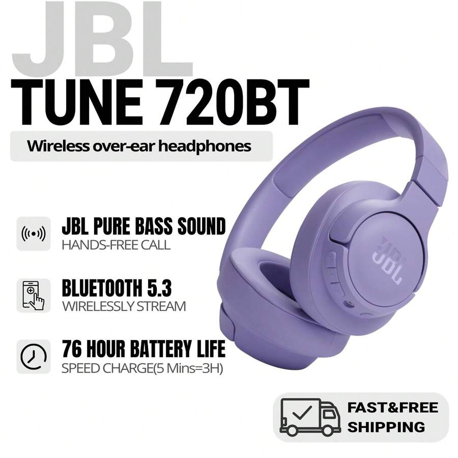 Tune 720BT - 无线包耳式耳机，配备 JBL Pure Bass 音效、蓝牙 5.3、长达 76 小时的电池续航时间和快速充电、轻巧、舒适、可折叠设计 (紫色) - 紫色 - 查看 1