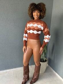 Striped Cropped Top Knitted Modal Office Daily Home Travel - Nâu đất với màu be - Xem 4