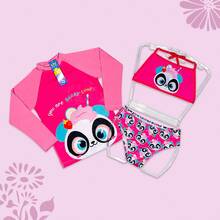 Kit Praia Infantil Biquíni Estampado + Camisa UV50 Proteção Solar Menina Piscina Verão (1 a 6 Anos) - Rosa chiclete - Visão 2