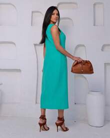 Women's Midi Dress Elegant Casual Buttons Front Simple Button - Turquoise Green - View 4