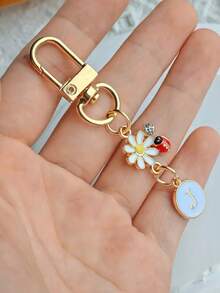 1pc Unisex A-Z Letter Stainless Steel Keychain, Minimalist Letter, Flower, Ladybug Design, Gift For Friends, Bag Pendant - Multicolor - View 8