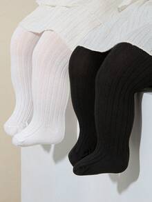 1/2 双婴儿/幼儿女孩黑白竖条纹不透明紧身裤，透气柔软，适合日常穿着 - 黑與白 - 查看 30