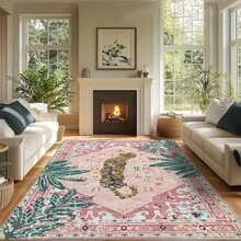1pc Luxury Vintage Tiger & Floral Striped Totem Area Rug, Soft Faux Wool Wild Animal Farmhouse Style Washable Decorative Carpet For Living Room, Bedroom, Entryway, Bathroom, Hallway, Patio, Kitchen, Indoor Outdoor, All Season Large Mat - Light Pink - Home Decor - Multicolor - View 4