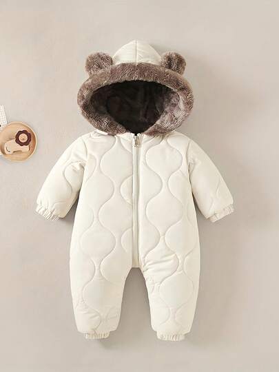 Babyflickkläder, termofodrad tjock jumpsuit, varm huva för spädbarn för höst/vinter