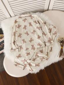 2pcs Girls Bear Print Long Sleeve Pajama Set, Cute Sleepwear Outfit Suitable For 4-7 Years Old Girls Everyday Wear - Beige - View 2