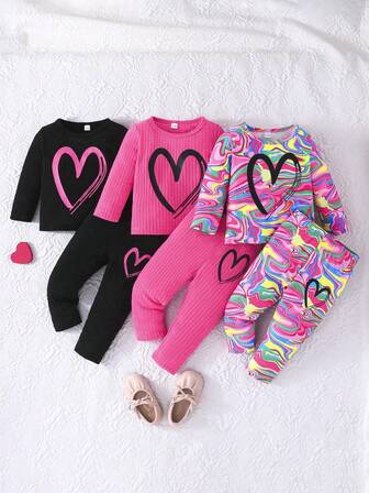 3 Stücke/Set Baby Mädchen Herz Muster Rundhals Gerippter Langarm Top kombiniert mit einfacher gestrickter Alltagshose