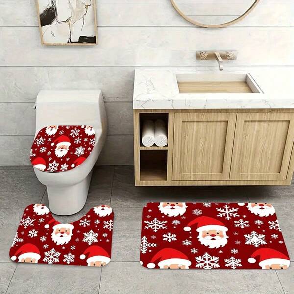 3pcs Christmas Bathroom Set, Red Santa Claus Snowflake Christmas Hat Holiday Classic Fun Atmosphere Flannel Toilet Seat Cover, Soft Anti-Corrosion Anti-Slip Bath Mat, U-Shaped Polyester Bath Rug, 0.39 Inch Thickness, 480g/M² Bathroom Decor
