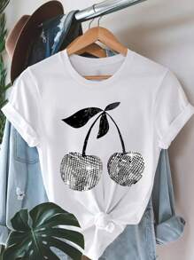 大码女式休闲！樱桃印花 T 恤，圆领短袖上衣，四季皆宜，银色卡通图案 T 恤