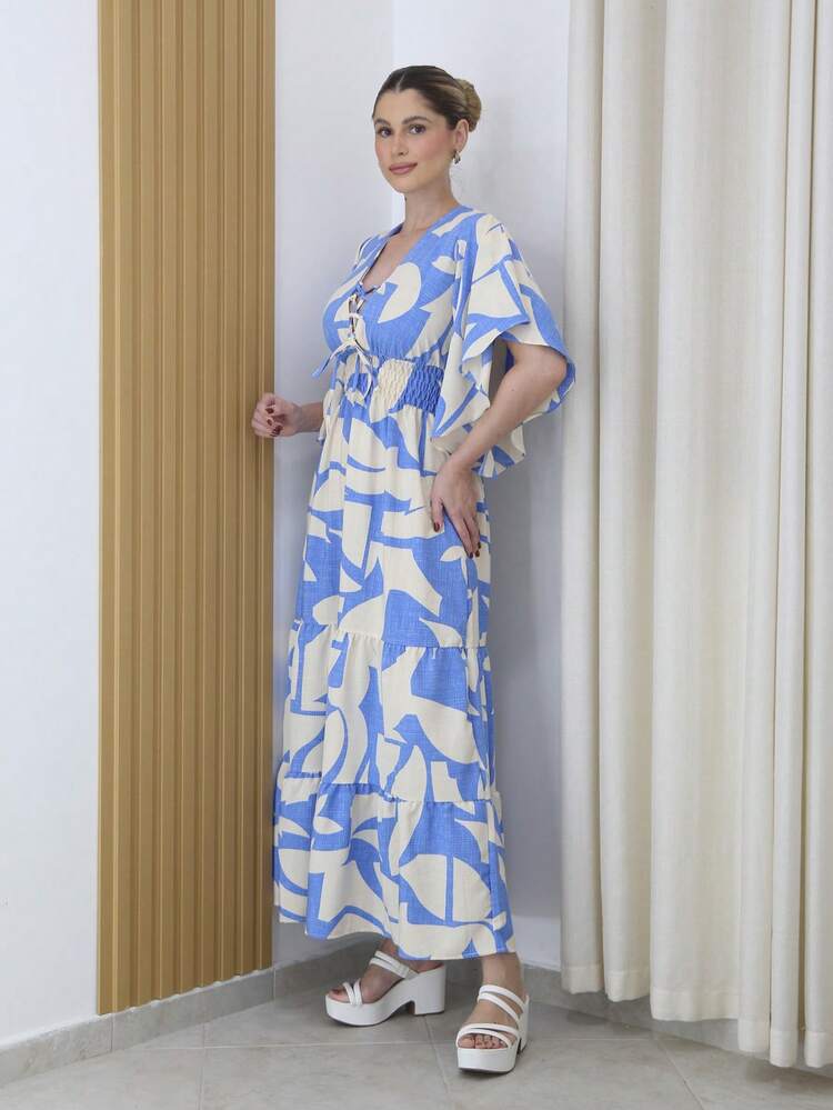 Women's Long Dress With Printed Batwing Sleeves And Padded Cups - Maxma 8428 - Màu xanh nhạt - Xem 3