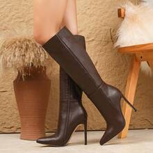2025 秋冬性感时尚纯色尖头细高跟休闲百搭侧拉链黑色及膝靴女靴，棕色靴子 - 咖啡棕 - 查看 8