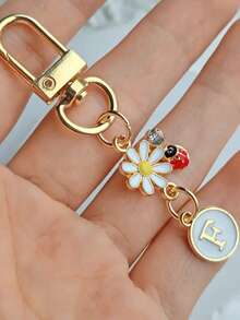 1pc Unisex A-Z Letter Stainless Steel Keychain, Minimalist Letter, Flower, Ladybug Design, Gift For Friends, Bag Pendant - Multicolor - View 23