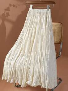 Saia midi plissada e franzida feminina, estilo boêmio, de linho, nova chegada - Damasco - Ver 4