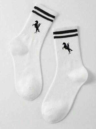1 Pair, Unisex, Little Horse, Gentleman Riding, Polo Element, Polo Walk Print Crew Socks, Socks For Women