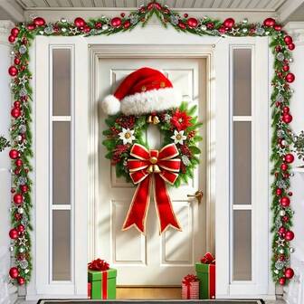 1 Stück HEGO Festlicher Weihnachts-Türbanner mit Kranz, roter Schleife und Weihnachtsmützen-Design - wiederverwendbar und waschbar, Eingangsbereich Festdekoration