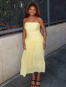 Tyla Gomez Cream Yellow Women's Cropped Waist Low-Waist Dress, Modern Vacation Casual Design, Soft Adjustable Spaghetti Strap Low Waist A-Line Flowy Bohemian Beach Dress, Summer - Yellow - View 1