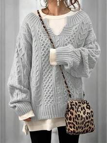 Women's Winter Chunky V Neck Long Sleeve Loose Cable Knit Sweater Pullover/Vacation Outfits Women/Valentine Outfits For Women - 淺灰色 - 查看 2