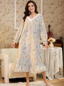 RS Pajama1 蕾丝 V 领长袖撞色蕾丝浪漫优雅印花睡裙，秋季，冬季，宽松睡衣 - 薄荷綠 - 查看 1